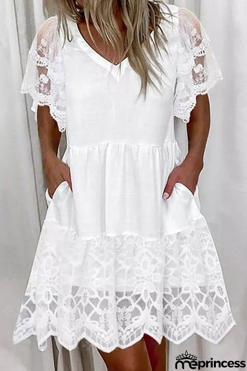 Lace V Neck Pockets Mini Dress