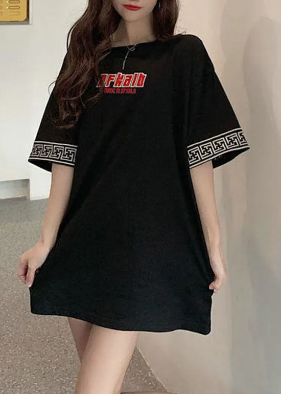 Loose Black O-Neck Embroideried Cotton Tops Short Sleeve