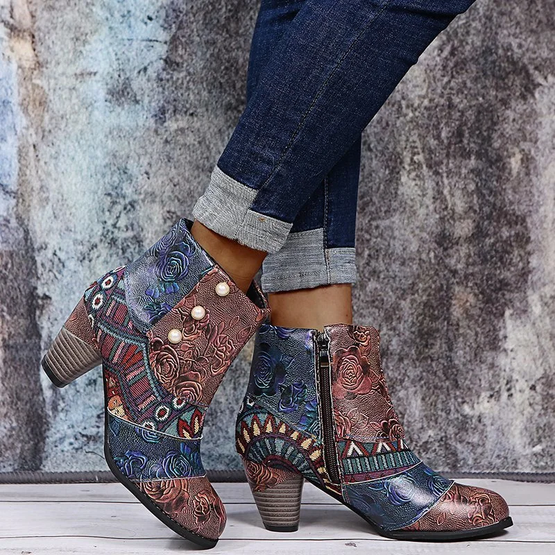 Bohemian retro ethnic style stitching high-heel short leather boots Martin boots