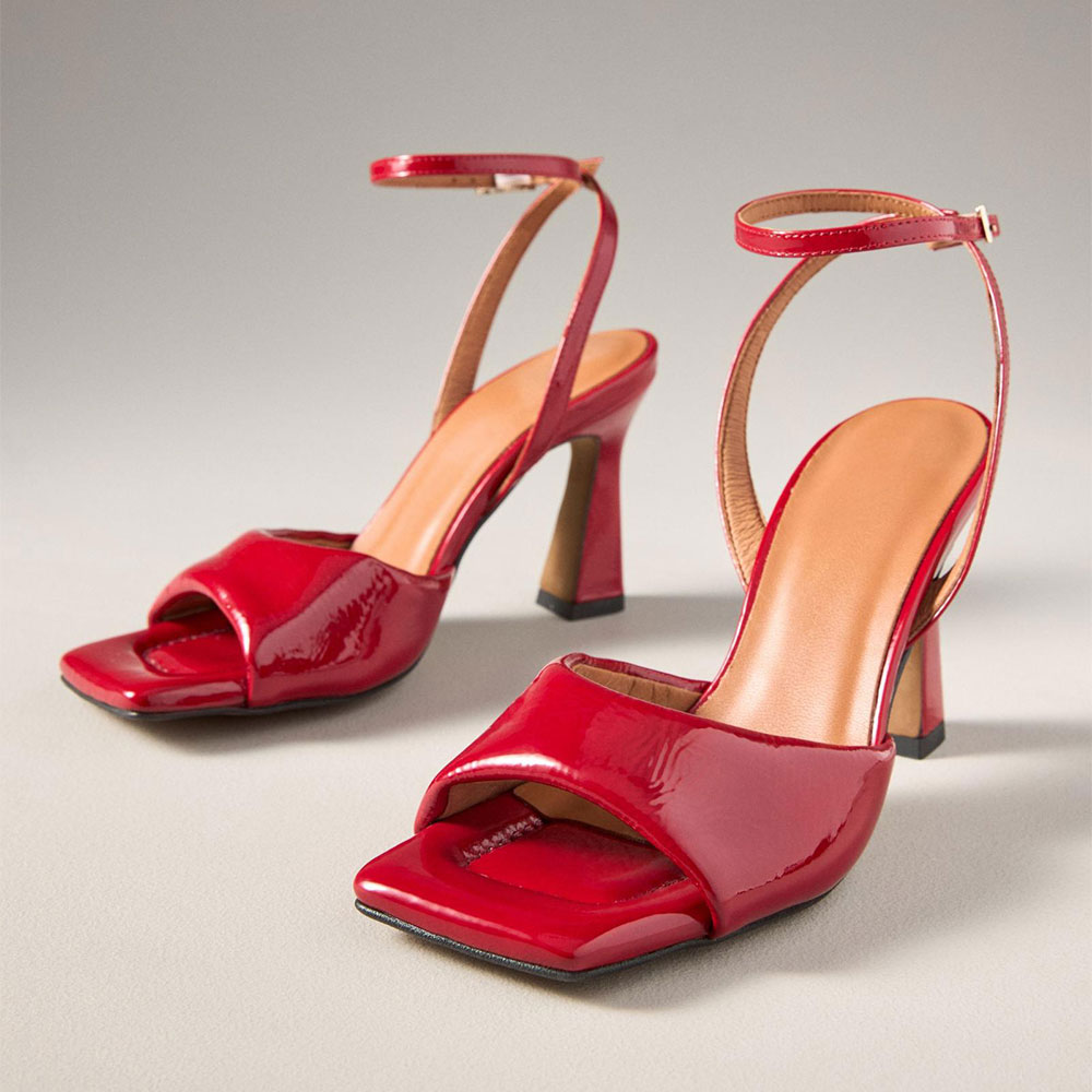 Red Patent Open Square Toe Flared Heel Ankle Strap Women's Sandals Nicepairs