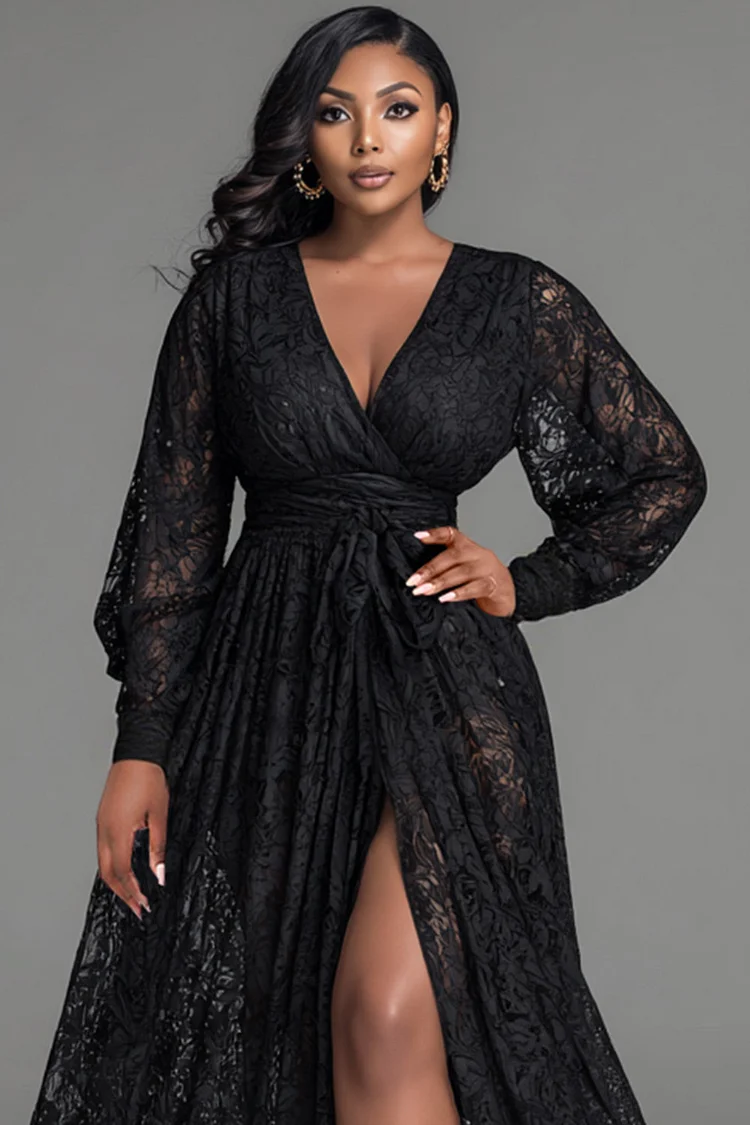 Xpluswear Design Plus Size Wedding Guest Black V Neck Long Sleeve Split Elegant See Through Lace Maxi Dresses [Pre-Order]
