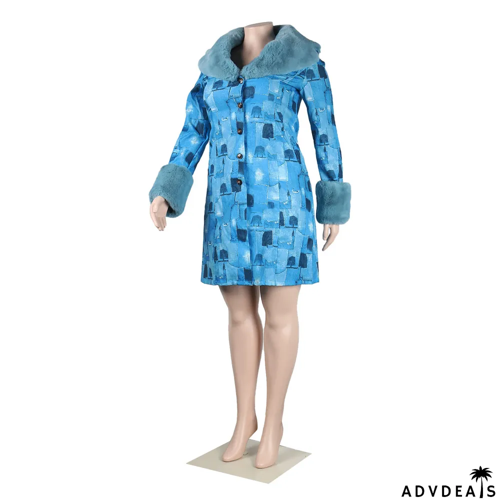 Plus Size Sexy Casual Printed Coat With Detachable Fur Collar