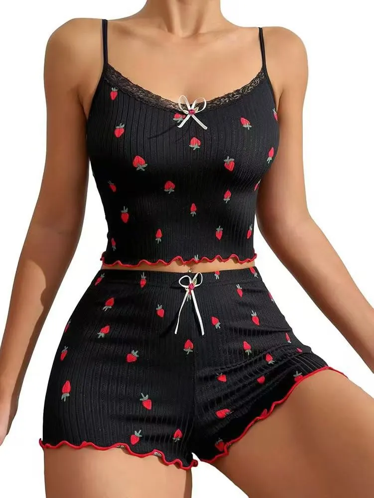 Churchf Summer New Large Print Pit Strip Home Lady Bow Slings Shorts Strawberry Print Two Sets