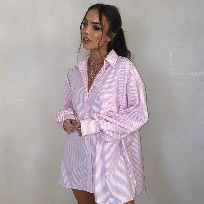 Tossy Women Casual Shirts Oversized Bodyfriend Style Outwear Summer Lantern Sleeve Long Shirt Coat Pink Stripe Loose Top Blouse