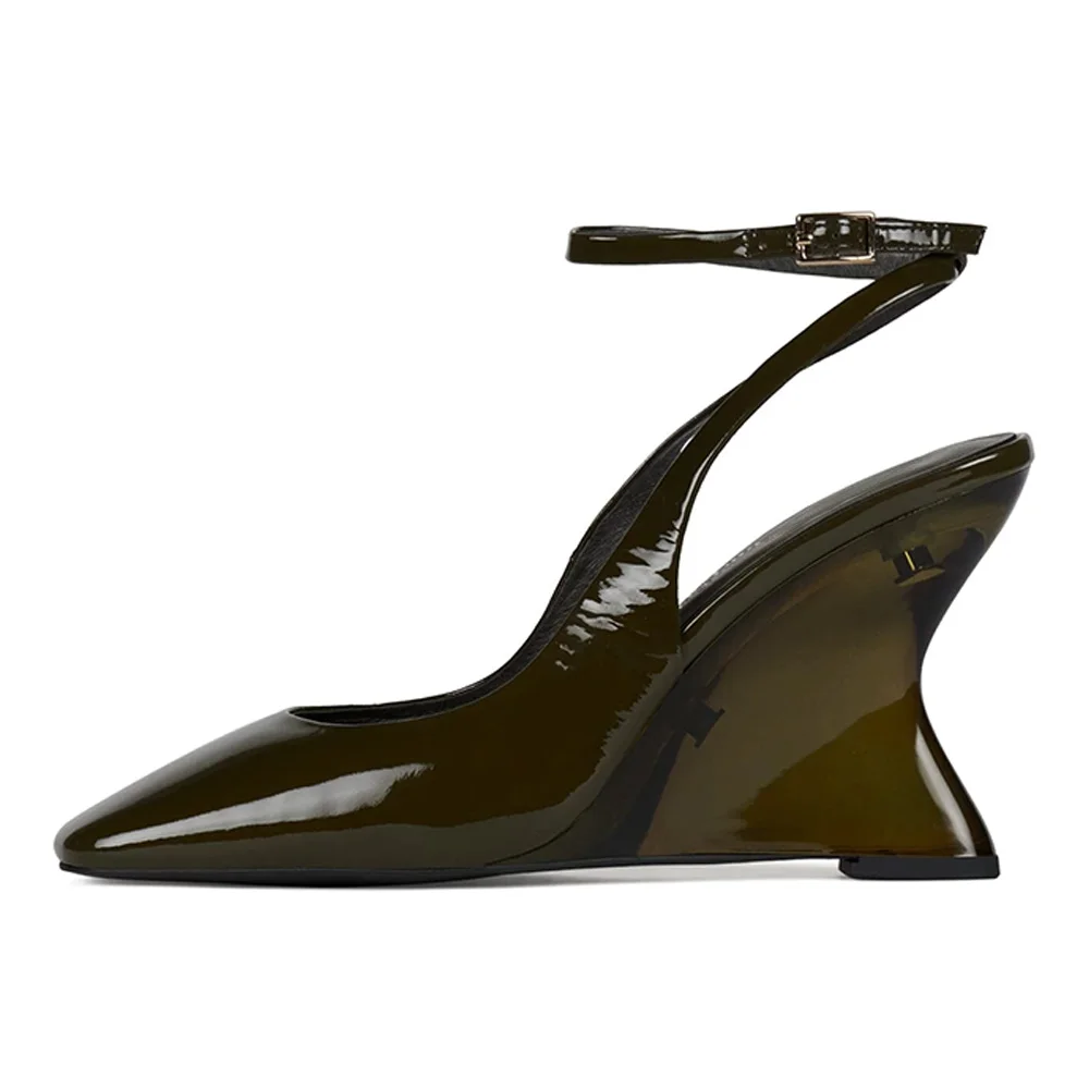 Olive Square Toe Wedge Heel Ankle Strap Slingback Pumps for Women