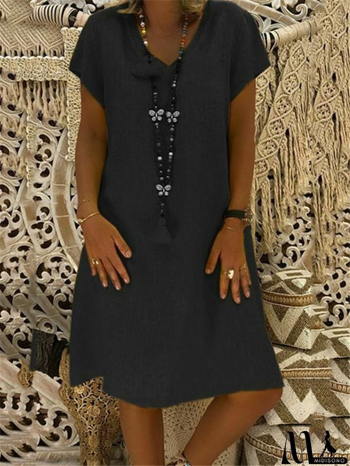 MidiSono - Women's Cozy Short Sleeve Midi Length Shift Dress