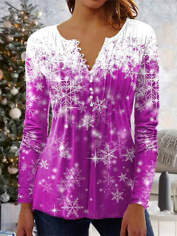 Women's Long Sleeve V-neck Graphic Buttons Christmas Top