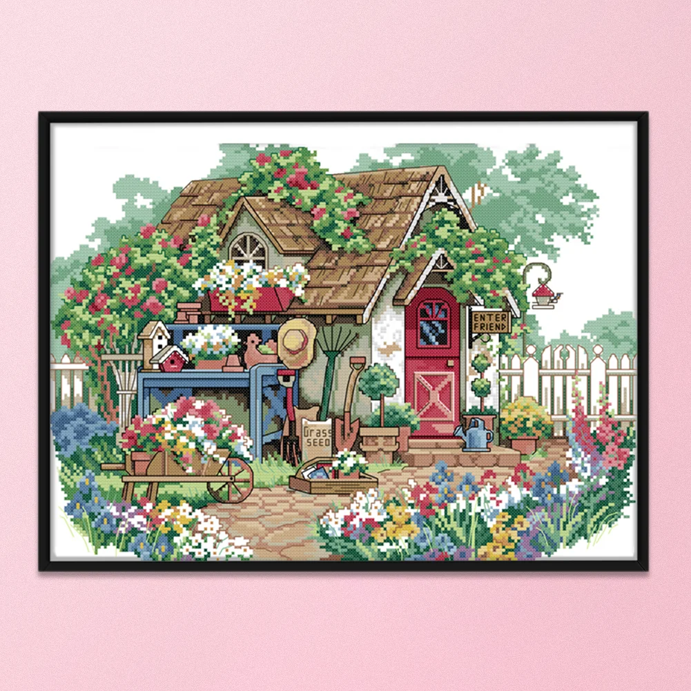 DIY Stamped Cross Stitch 11CT Embroidery 56*42cm - Flower House