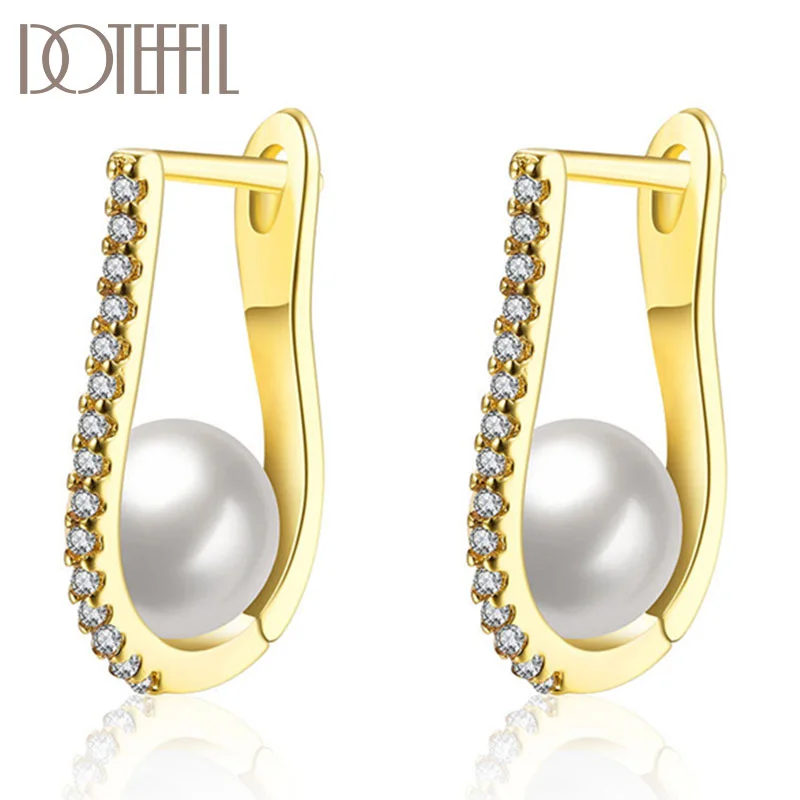 DOTEFFIL 925 Sterling Silver/18K Gold AAA Pearl Zircon Earrings Fashion For Woman Jewelry