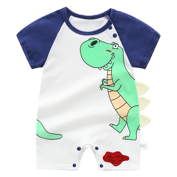 Baby Dino Pattern Crew Neck Color Block Romper