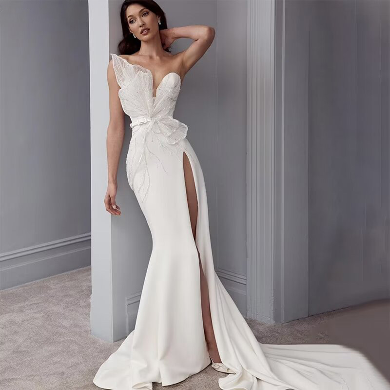Lisliy White Sleeveless Strapless Bowknot Deep V-Neck Beadeds Prom Dress