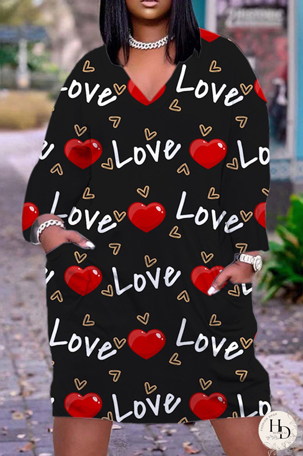 Deep Pink Casual Print Basic V Neck Long Sleeve Dresses