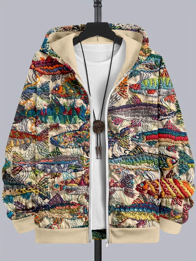 Colored Fish Embroidery Art Comfy Full Zip Hoodie