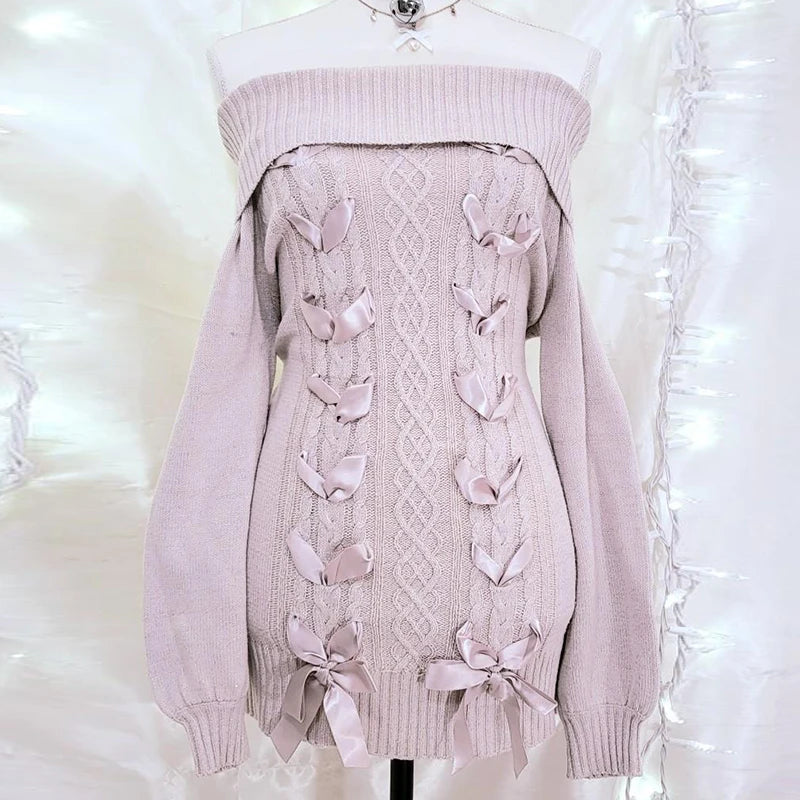 Aiertu Cottage Fairy 00s Vintage Knitted Dress Japanese Off Shoulder Pullovers Mini Dress Fairy Y2K Kawaii Tie Up Retro Sweater Dress Aiertu