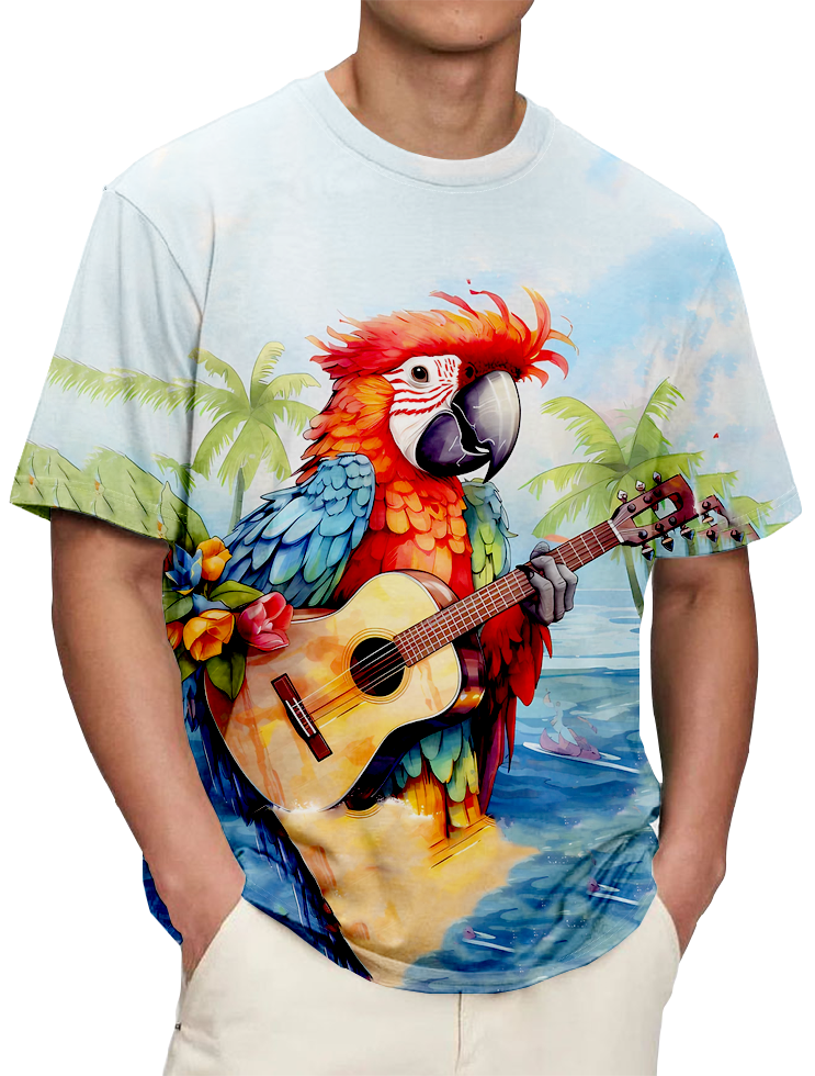 Men's Comfortable Hawaiian Mr. Parrot Guitar Print T-Shirt PLUSCLOTHESMAN