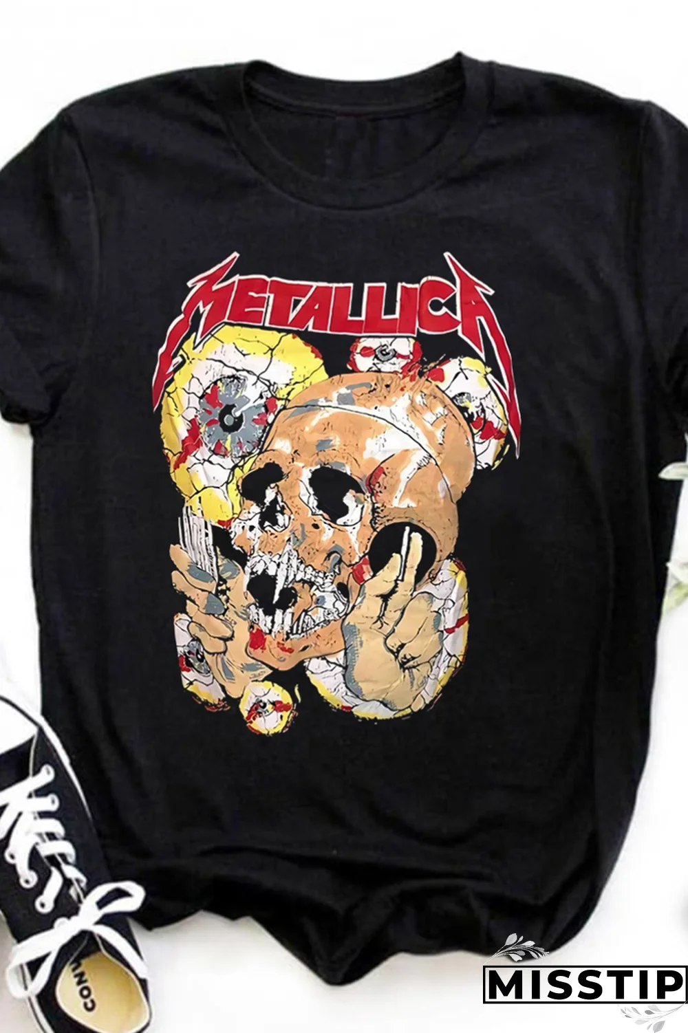 Black Street Print Patchwork O Neck T-Shirts