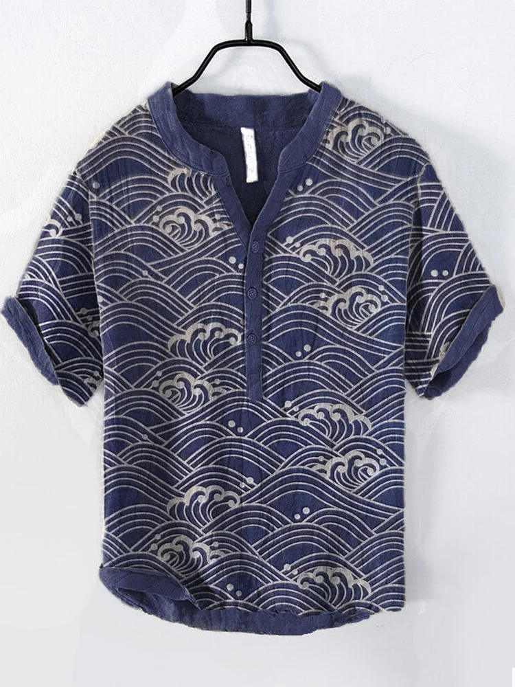 Japanese Art Waves Pattern Cozy Cotton Linen Shirt