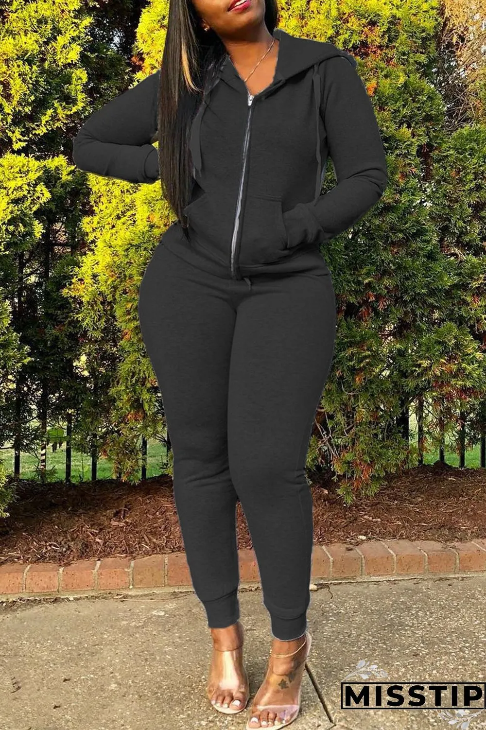 Grey Fashion Casual Solid Basic Hooded Collar Long Sleeve Two Pieces