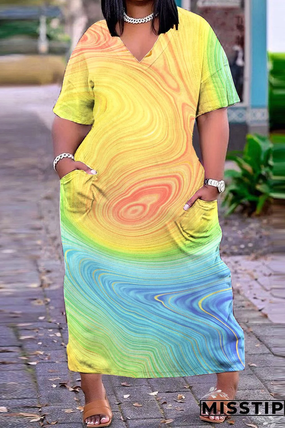 Dark Blue Casual Print Patchwork V Neck Short Sleeve Dress