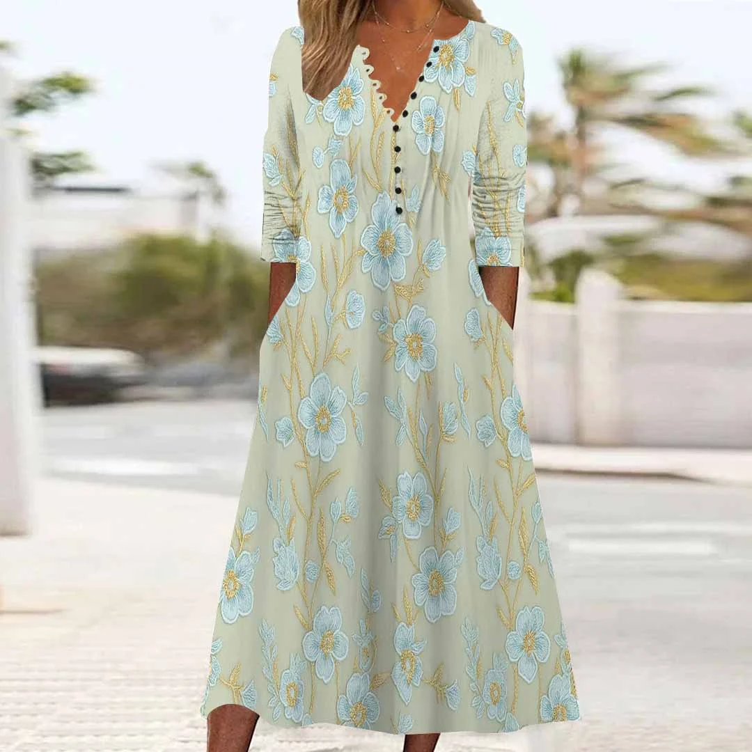Women Floral,Green DZHB8209 Long Sleeve V-Neck Graphic Printed Midi Dress