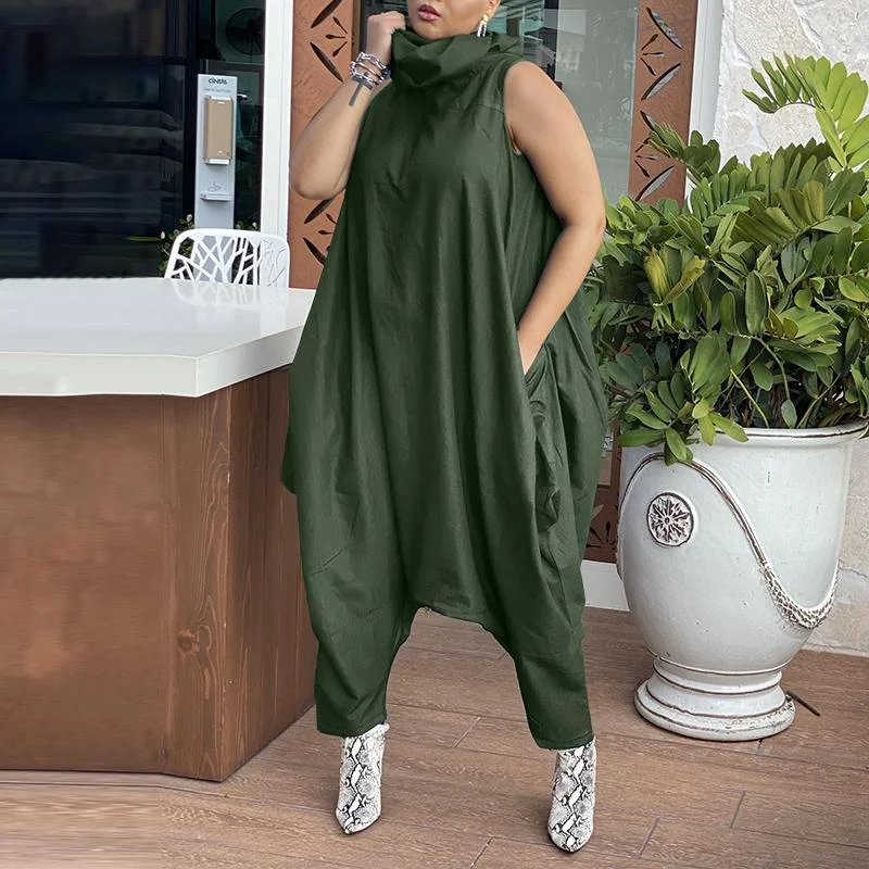 Ueong Celmia Women Baggy Jumpsuits 2022 Fashion Dropped Crotch Sleeveless Stacking High Collar Long Rompers Casual Harem Pant Overalls
