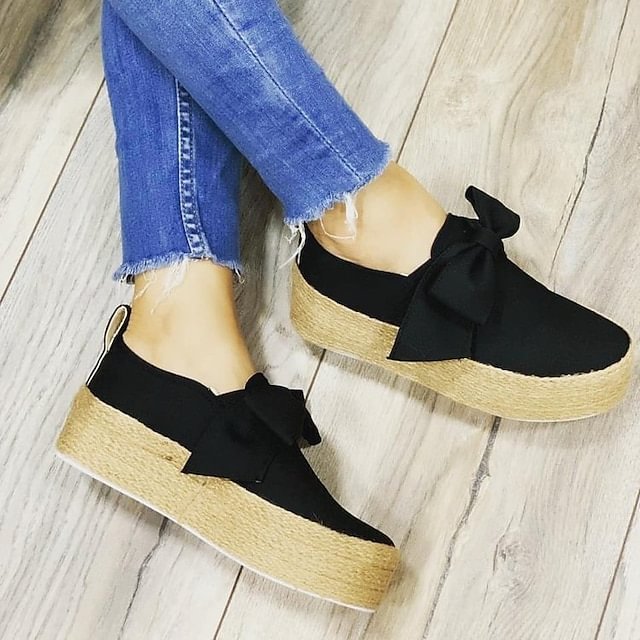 Women's Boat Shoes Slip-Ons Espadrilles Block Heel Round Toe Canvas Loafer Shoes