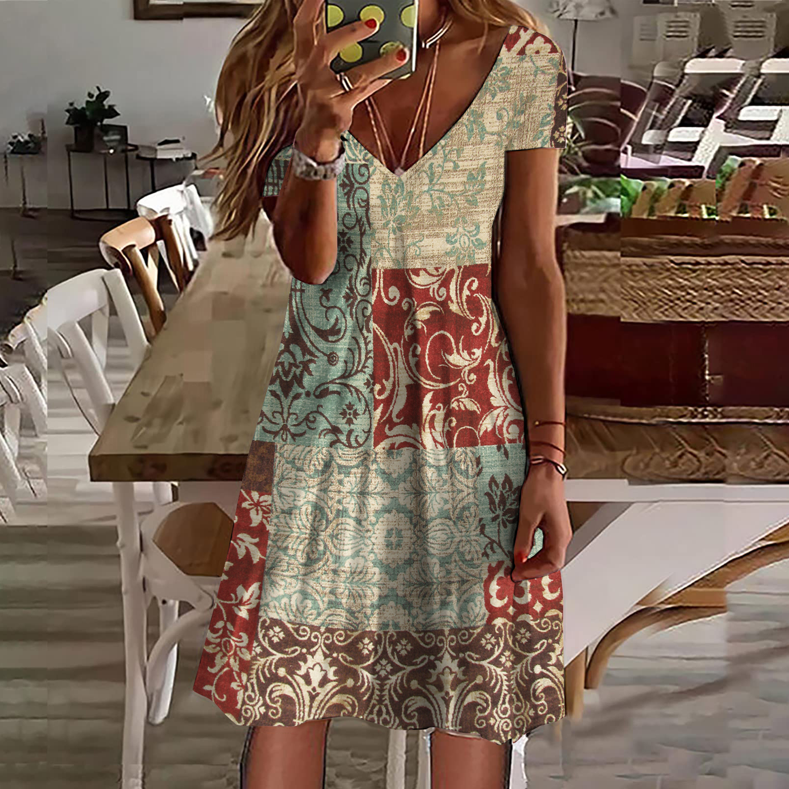 wearshes Vintage Print V Neck Casual Midi Dress