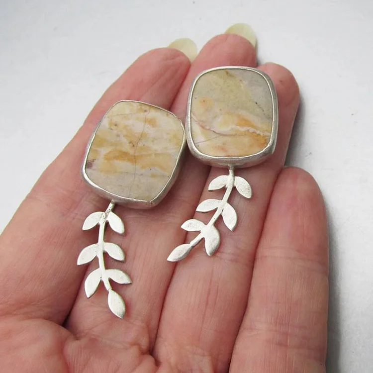 Vintage Plant Leaf Geometric Square Enamel Earrings