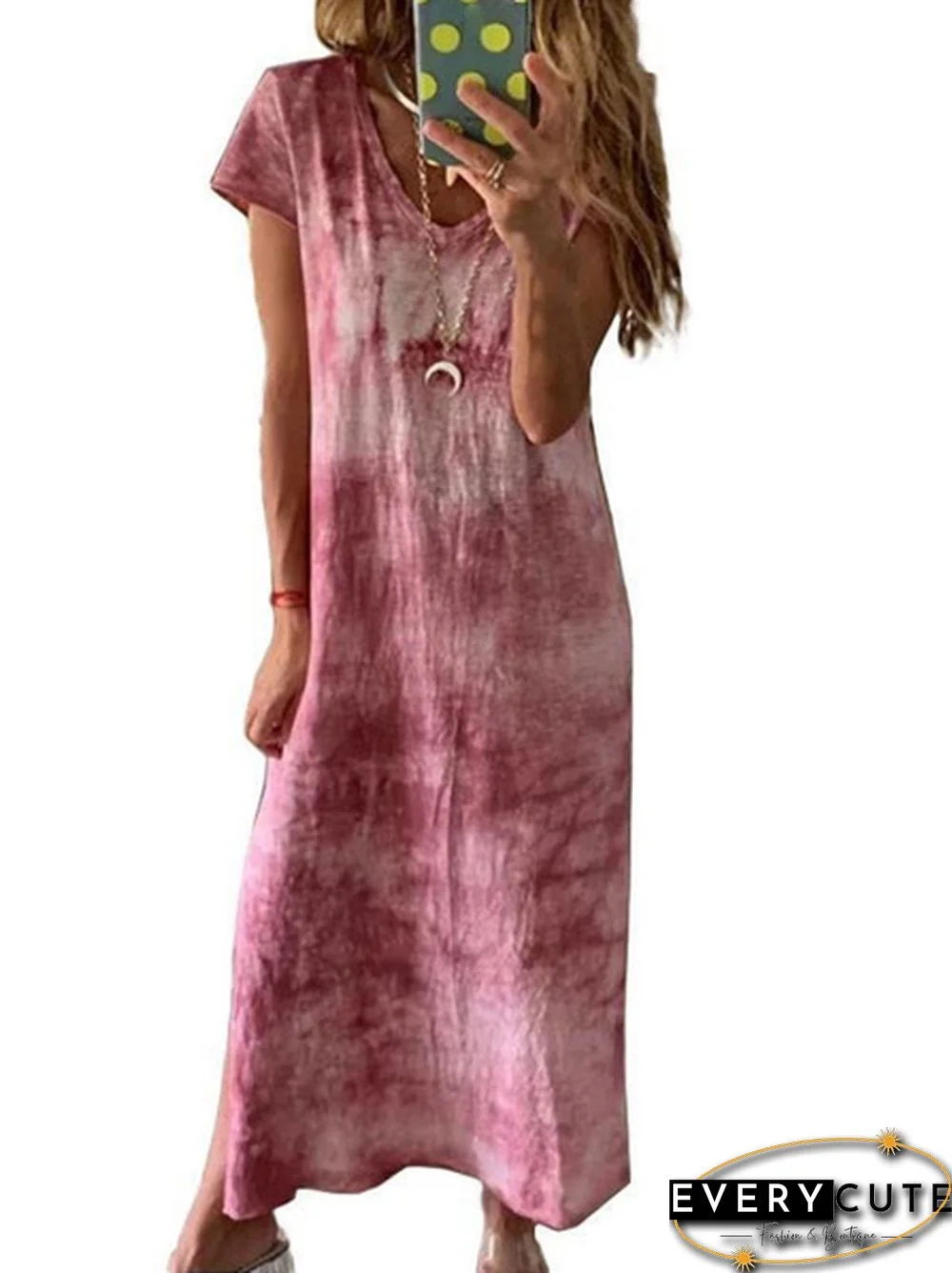 Summer Fashion Tie-Dye Short Sleeve Long Dress Loose V Neck  Maxi Dress