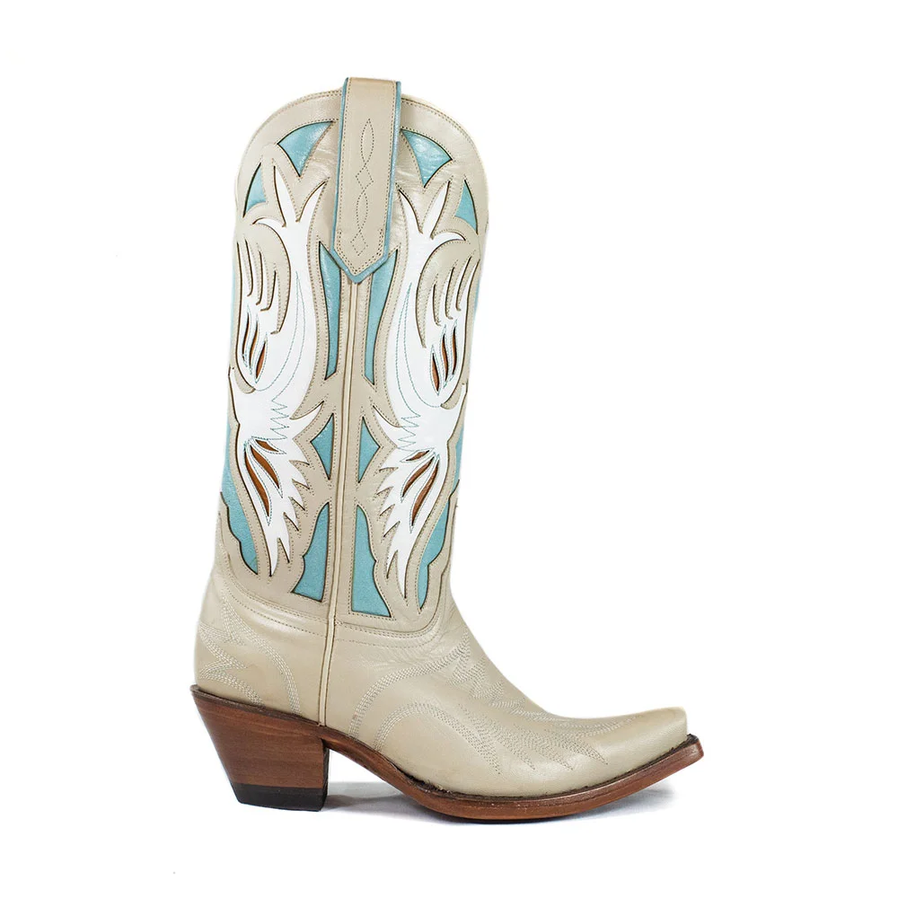 Multicolor Snip Toe Decorative Inlay Chunky Heel Cowgirl Boots