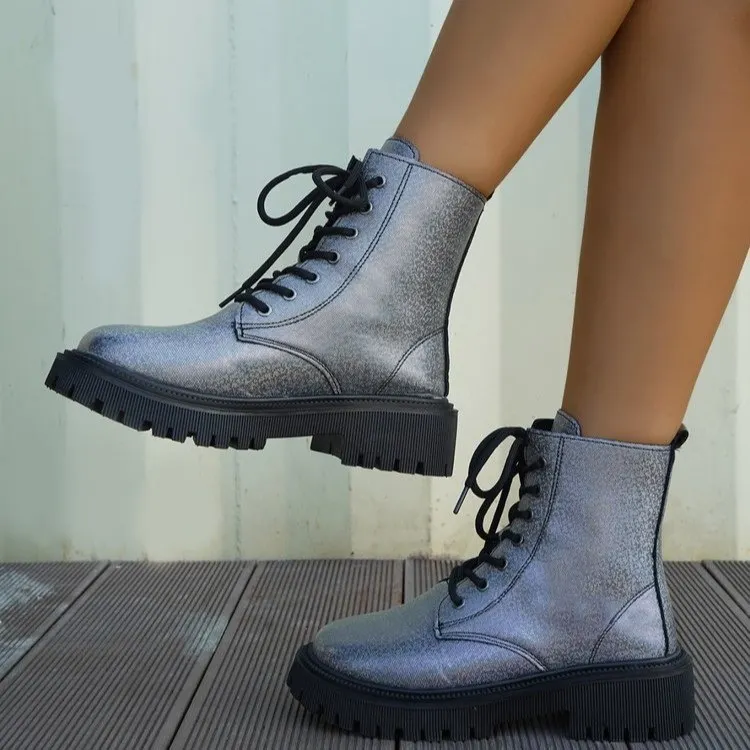 Breakj Breakj New Martin Boots Women's British Wind Thick Back Lace Mid-Sleesize Boots Women's Shoes Large Size Martin Boots