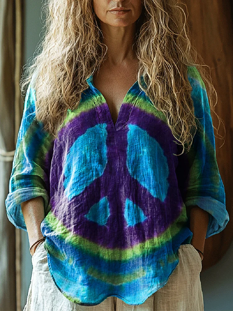 Women's Hippie Graphic Art Print Casual Linen V Neck Shirt