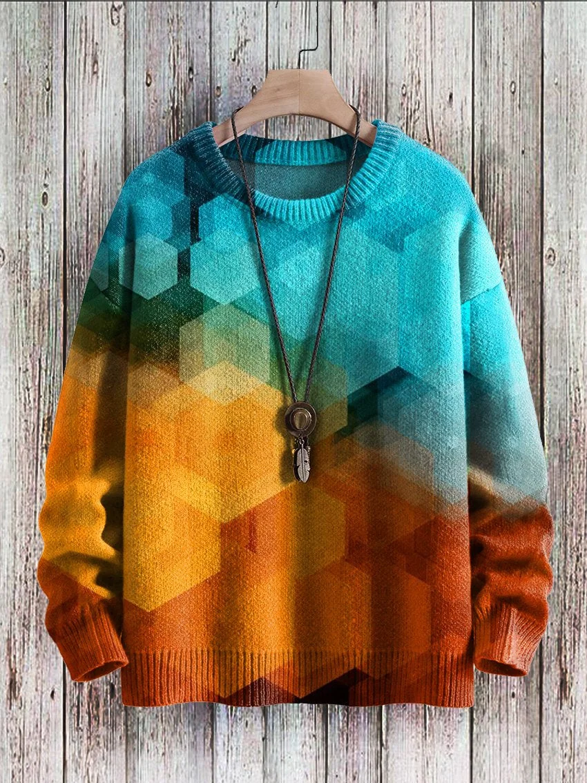 Vintage Geometry Crystal Gradient Colors Art Casual Print Pullover Knitted Sweater