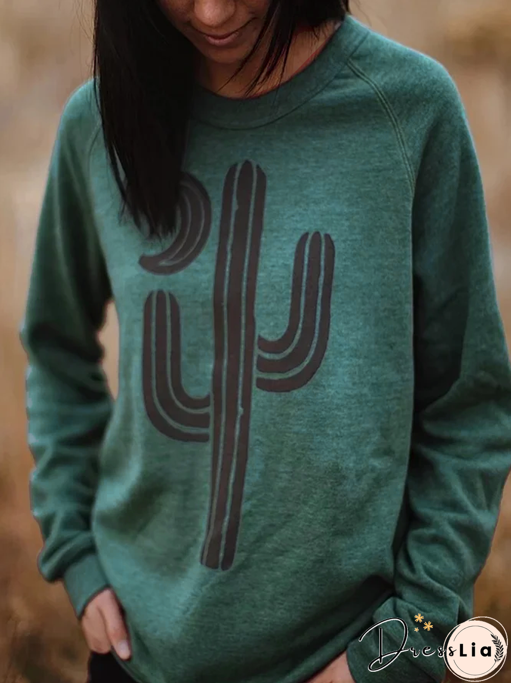 Plus Size Vintage Cactus Printed Long Sleeve Casual Sweatshirts
