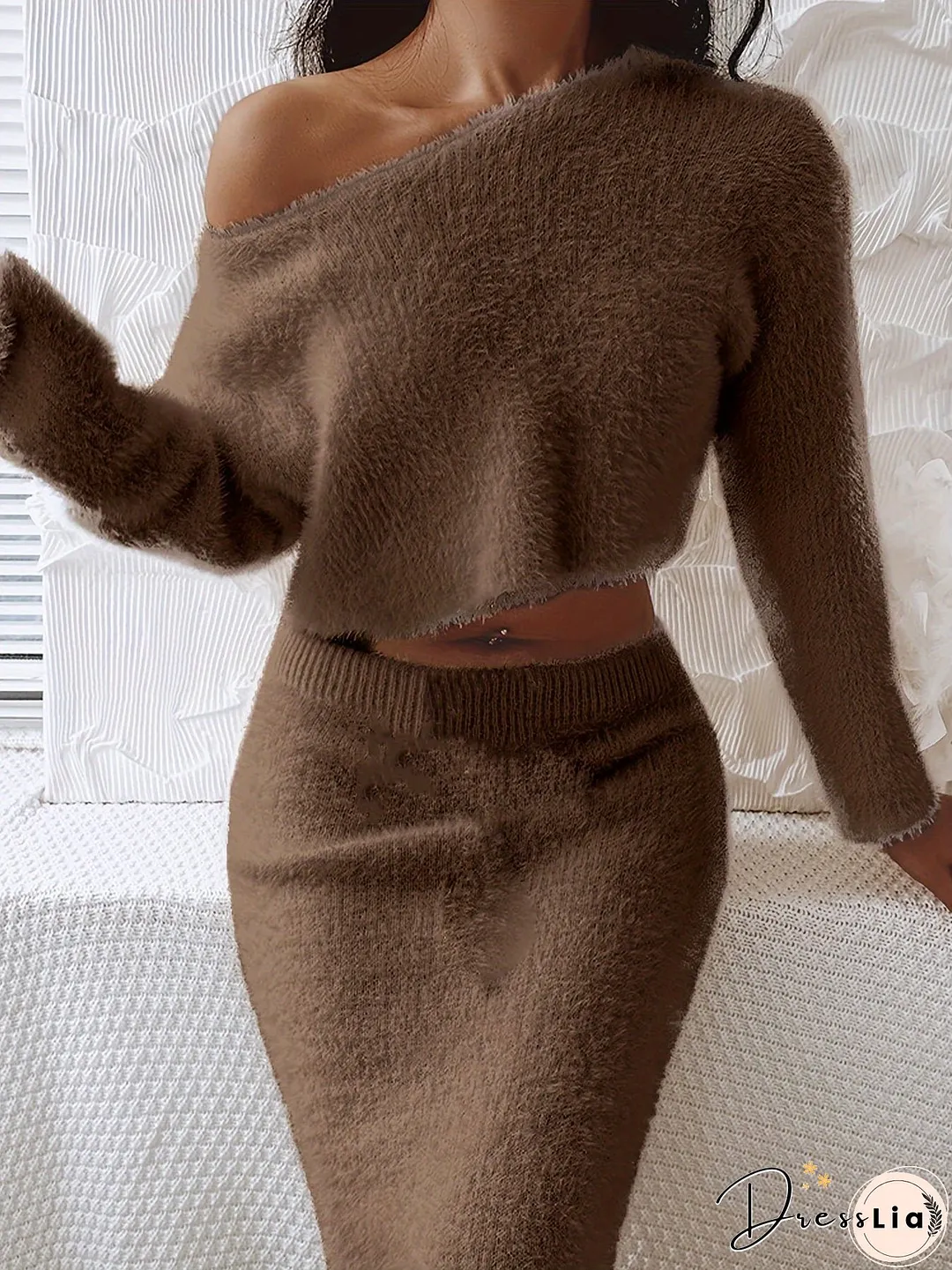 Solid Knitted Casual Two-piece Set, Slant Shoulder Crop Top & Elastic Waist Skirt Outfits, Women's Clothing