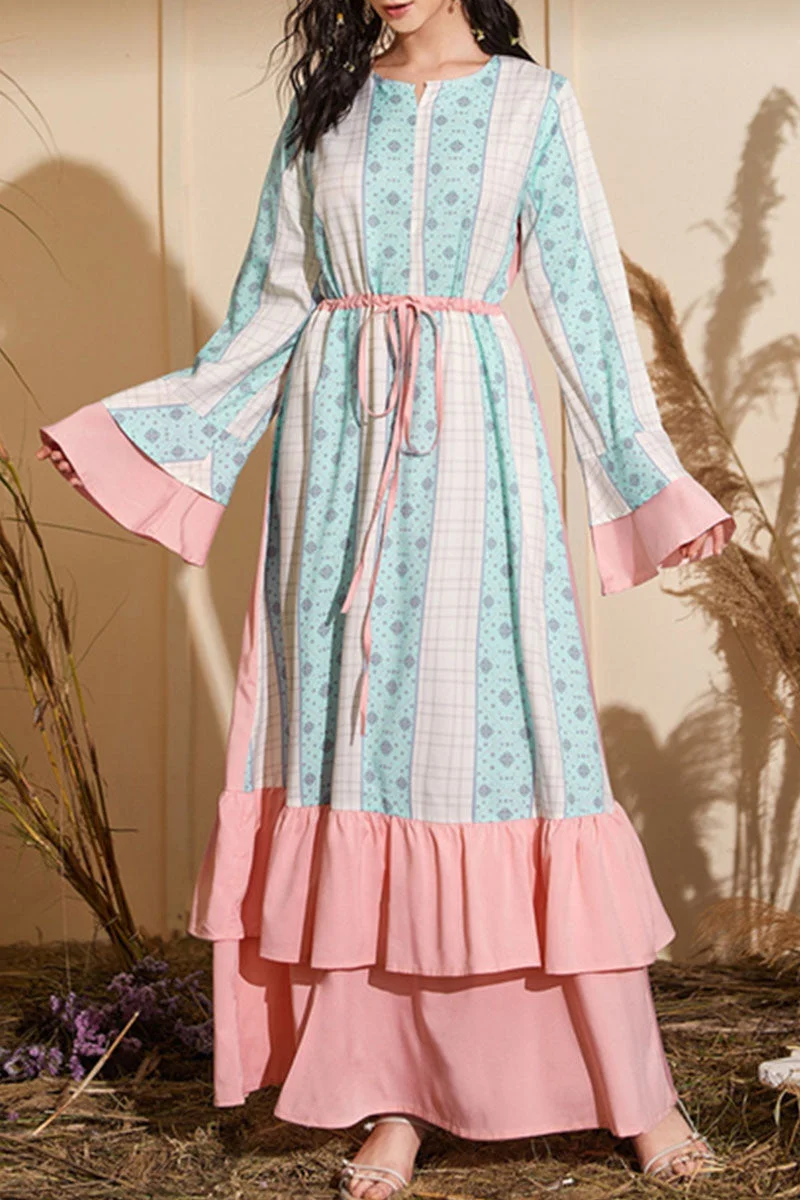 Fashion Casual Print Split Joint O Neck Waist Skirt Dresses