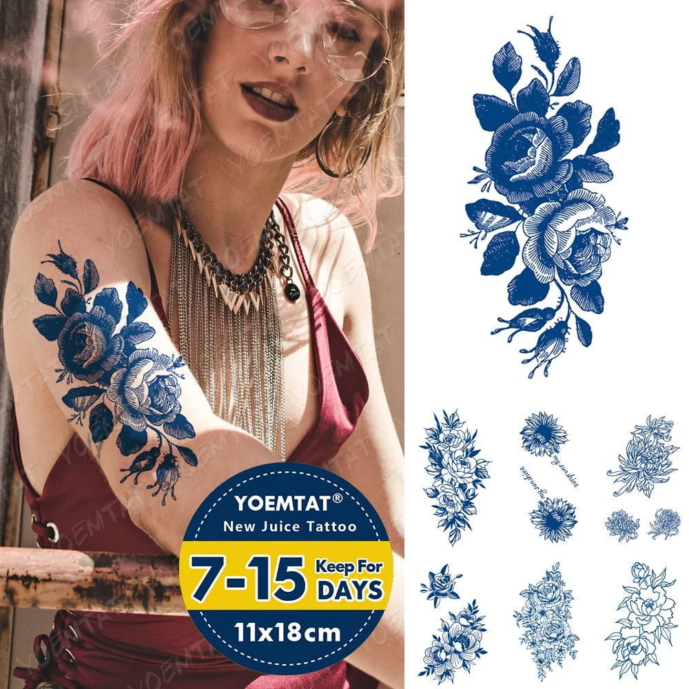 Juice Ink Tattoos Body Art Lasting Waterproof Temporary Tattoo Sticker Lines Flower Tatoo Arm Fake Sketch Peony Rose Tatto Women