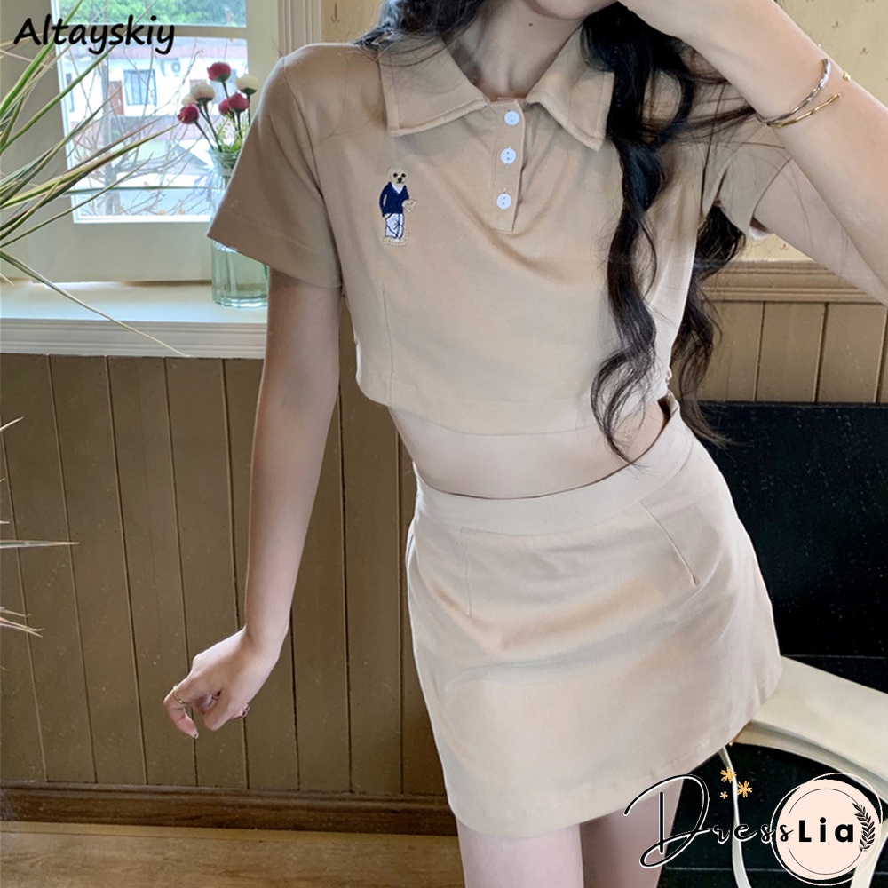 Sets Women Button Turn-Down Collar Crop Tops Embroidery Printed T-Shirts Sexy Mini Skirts