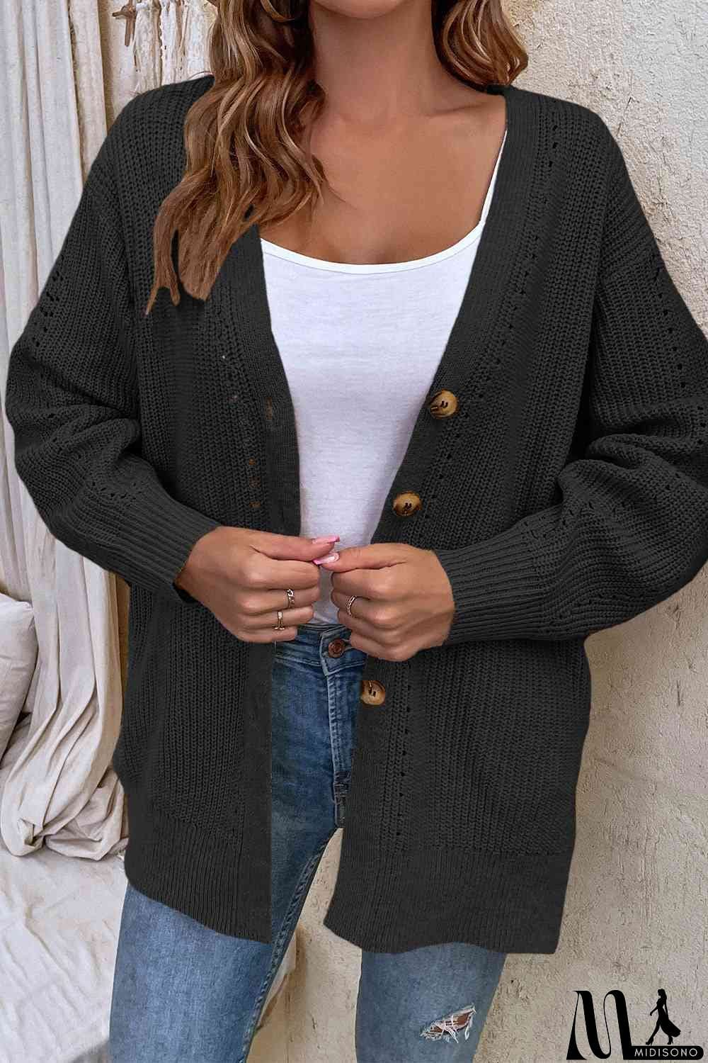 MidiSono - V-Neck Openwork Long Sleeve Cardigan