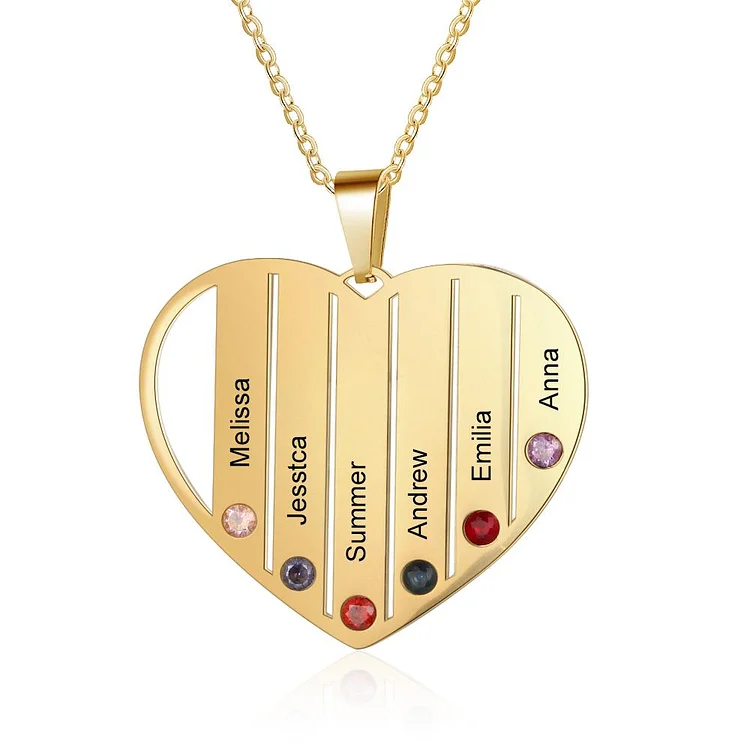 Personalized Mother Heart Necklace with 6 Birthstones Engraved 6 Names Family Necklace in Gold