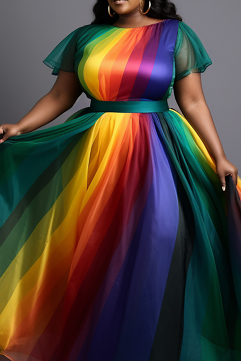 Design Plus Size Prom Elegant Multicolor Colorblock Rainbow Round Neck Short Sleeve Organza Maxi Dresses [Pre-Order]