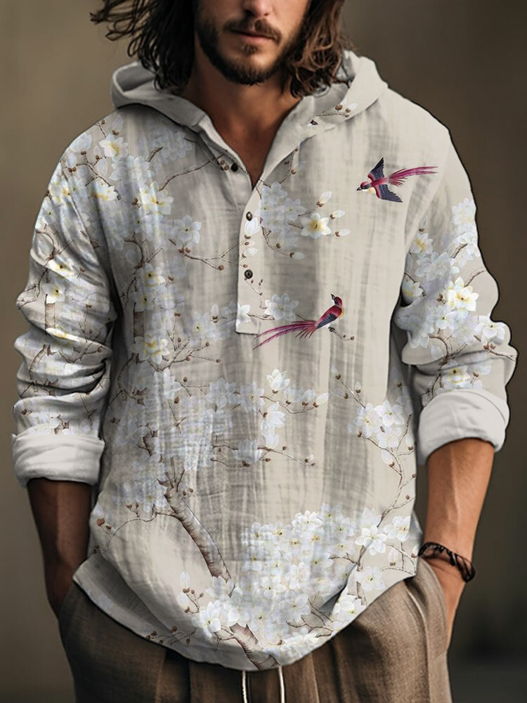 Men's Floral Bird Art Linen Hooded Long Sleeve Shirt