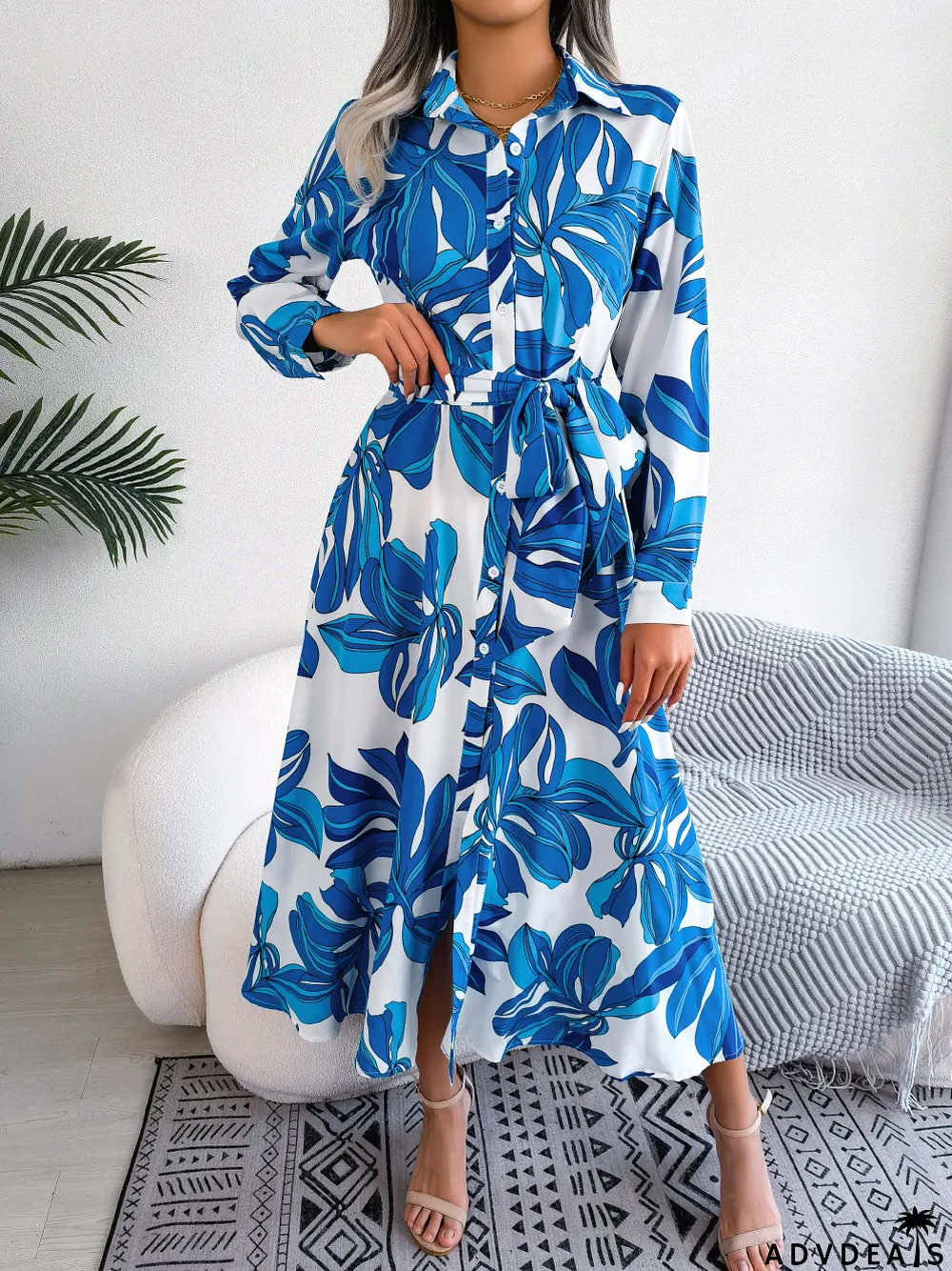 Women Color Block Floral Turndown Collar Tie Shirt Maxi Dress