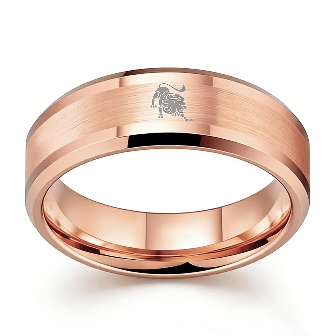 Rose Gold Leo Tungsten Carbide Ring Beveled Edges Rose Gold Laser Etched Couple Wedding Bands 4MM 6MM 8MM Width