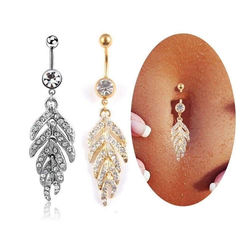UsmallLifes King Woman Trendy Stainless Steel Feather Navel Perforation Crystal Leaves Belly Button Rings US Mall Lifes