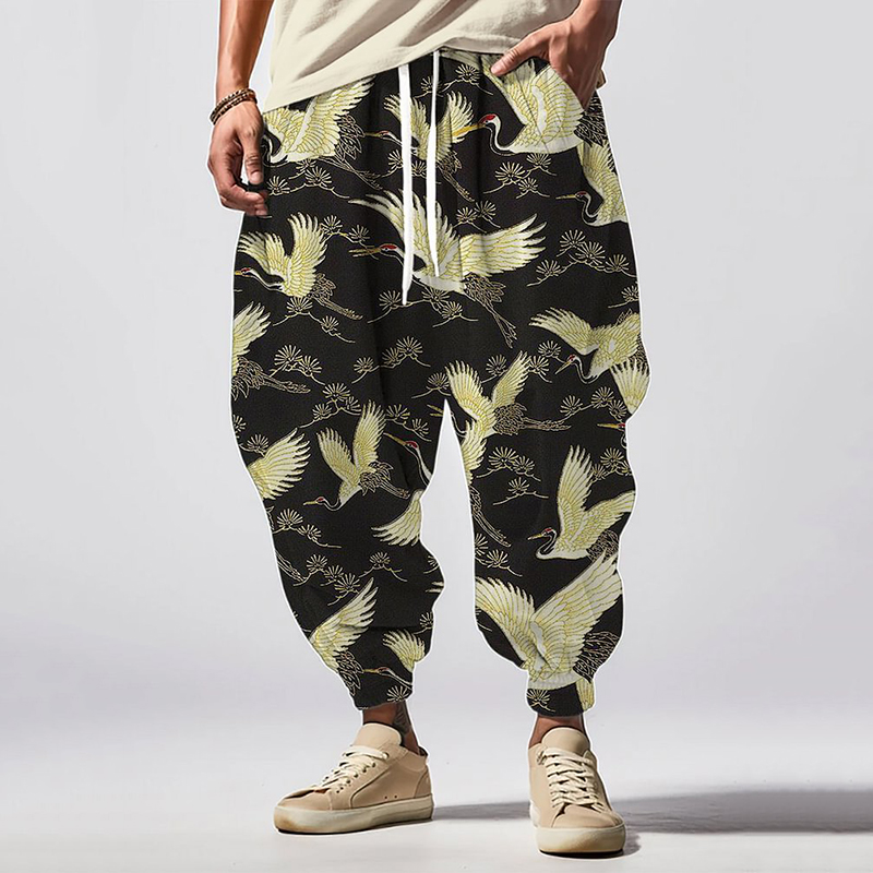 Vintage Japanese Pine And Crane Art  Print Pattern Casual Loose Drawstring Waist Sweatpants wearshes