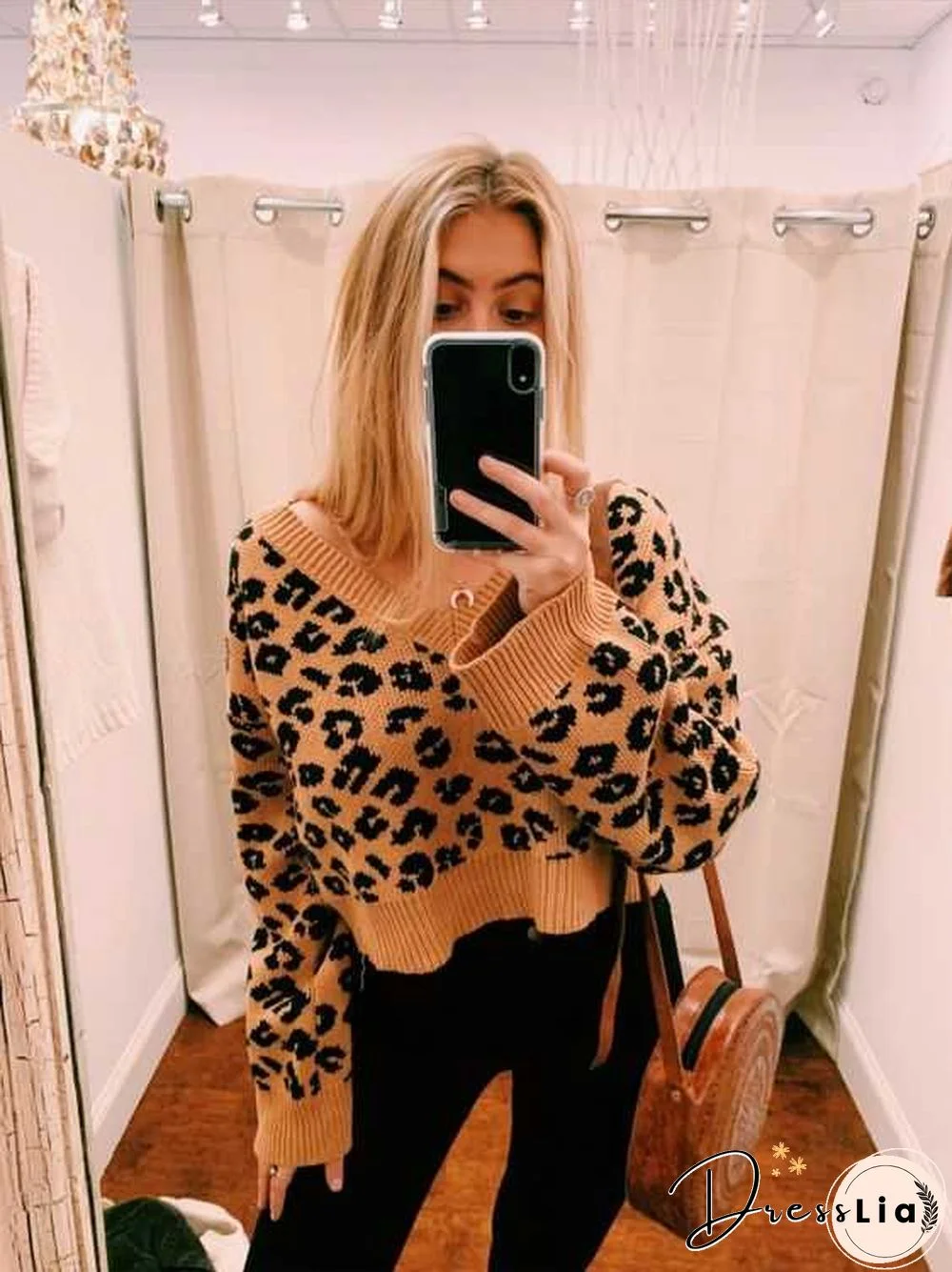 Soft Oversized V Neck Leopard Mohair Sweaters For Women