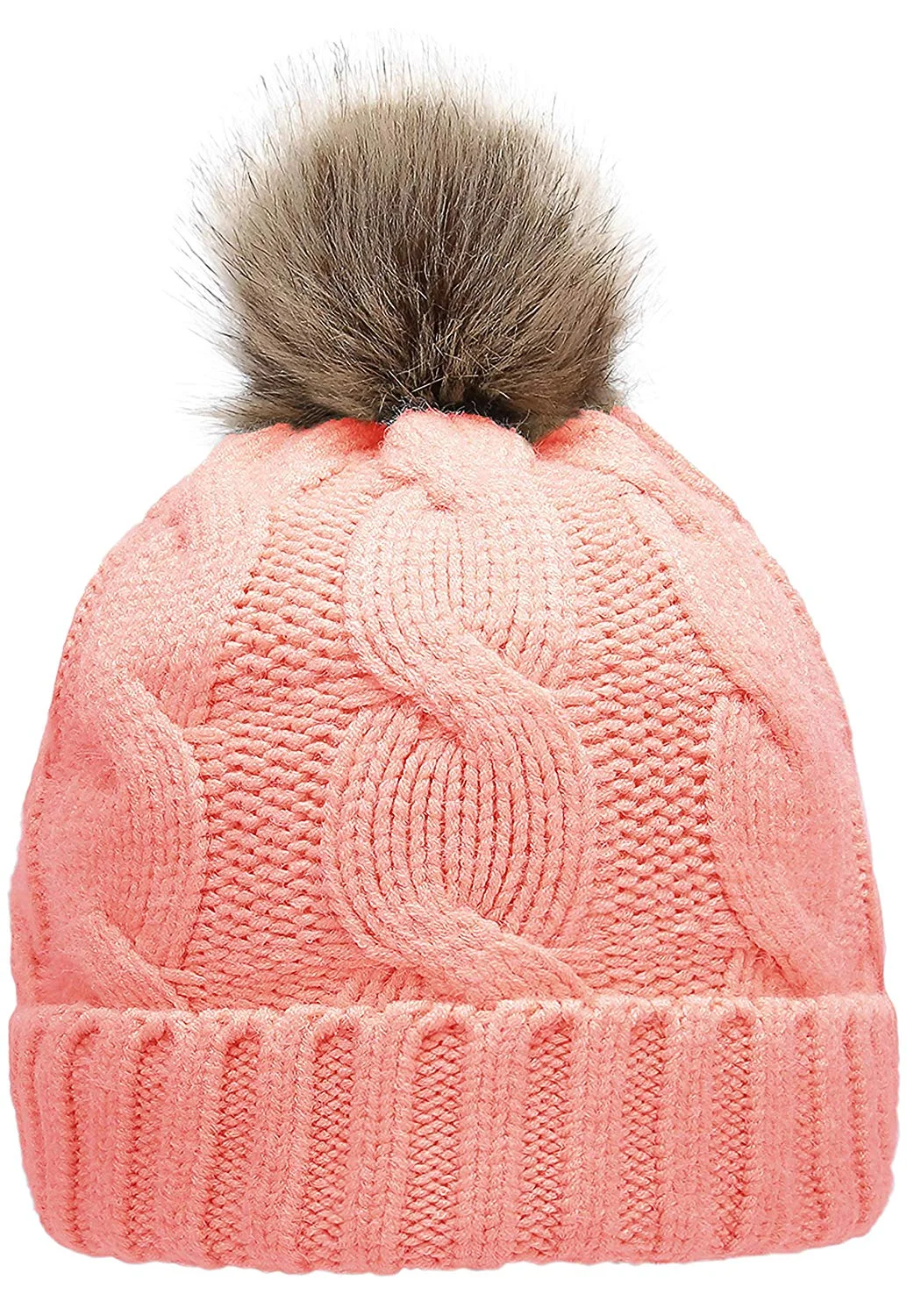 Winter Ribbed Knit Faux Fur Pompoms Women's  Chunky Lined Beanie Hats
