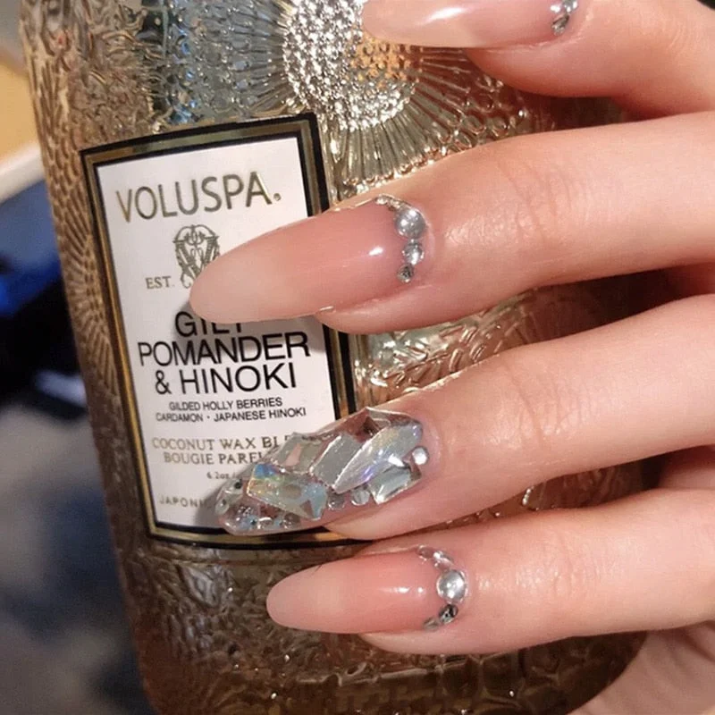 24PCS Fake Nails with Shiny Bow Diamond Design  Long Coffin Head French Style Press on Nails Wearable Full Finished Nail Patches-Nail Inspo