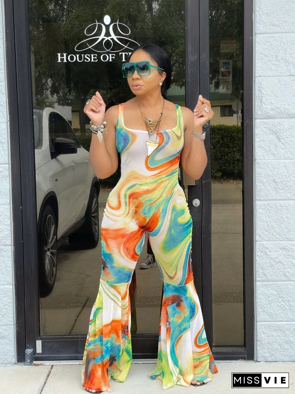 Summer Womens Clothing Casual Tie Dye Print Sleeveless Low Neck Backless Streetwear Bodycon Flare Jumpsuit